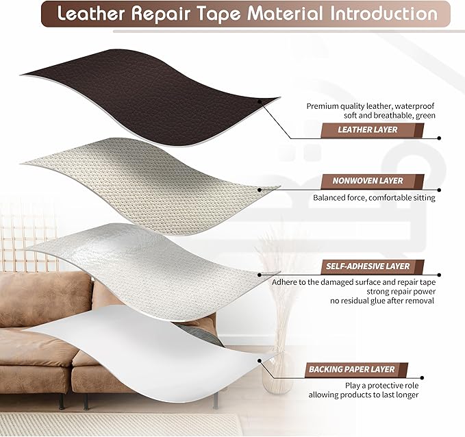 KING MOUNTAIN Leather Repair Patch,4 x 63 Inches self Adhesive Leather Repair Tape for Damaged Leather Furniture, Sofa Seating,Car Seats, Leather Goods(Dark Brown)