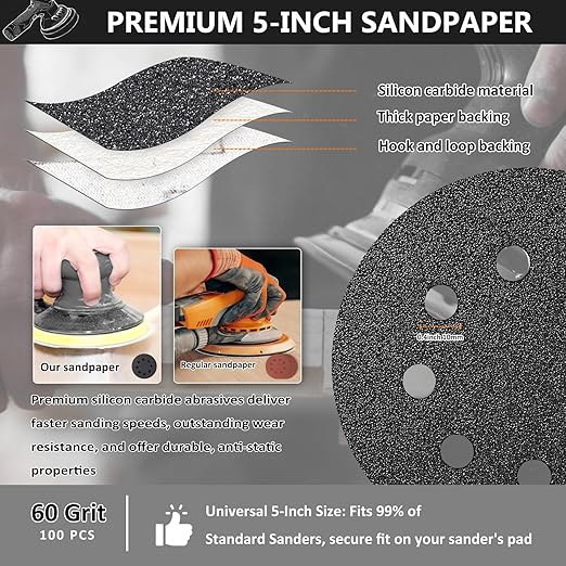 100PCS 5 Inch Hook and Loop Sanding Discs 60 Grit, 8 Hole Wet Dry Orbital Sander Sand Paper, Silicon Carbide Sandpaper for Automotive Wood Metal Glass