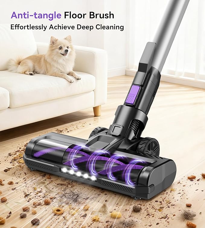 Yassol S10 Cordless Vacuum Cleaner, 55Kpa 60mins Lightweight Stick Vacuum with Powerful Suction for Home, Rechargeable, Self-Standing, Handheld Vacuum Cleaners for Hardwood Floors, Carpets, Purple