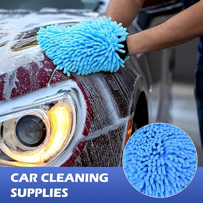 Car Wash Mitt Microfiber Gloves Chenille Material Microfiber Towels for Car Washing Supplies Kit Scratch Free Cleaning Fluorescent Green 2Pcs