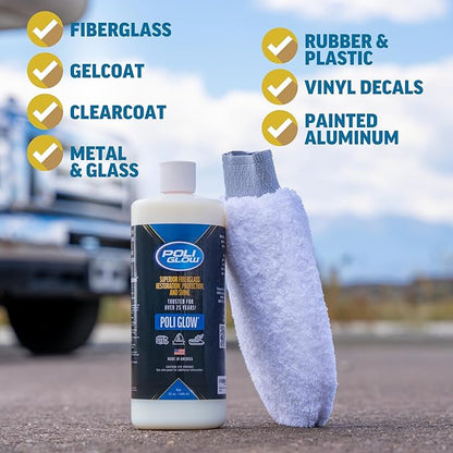 Poli Glow Boat & RV Polish Kit with Applicator Mitt - 32 oz High-Gloss Fiberglass Polish for Boats and RVs - Easy to Apply, Long-Lasting Shine - Hydrophobic Boat Cleaner - UV Protection - 2-in-1 Kit