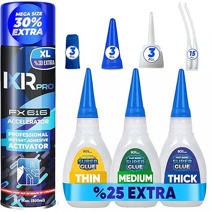 CA Glue with Activator Kit (3x1.75 oz. Thin-Medium-Thick + 16.9 fl.oz.) Cyanoacrylate Glue and Activator, Super Glue Accelerator, Super Glue for Wood, Woodworking, Plastic, Guitar, 3D Printing