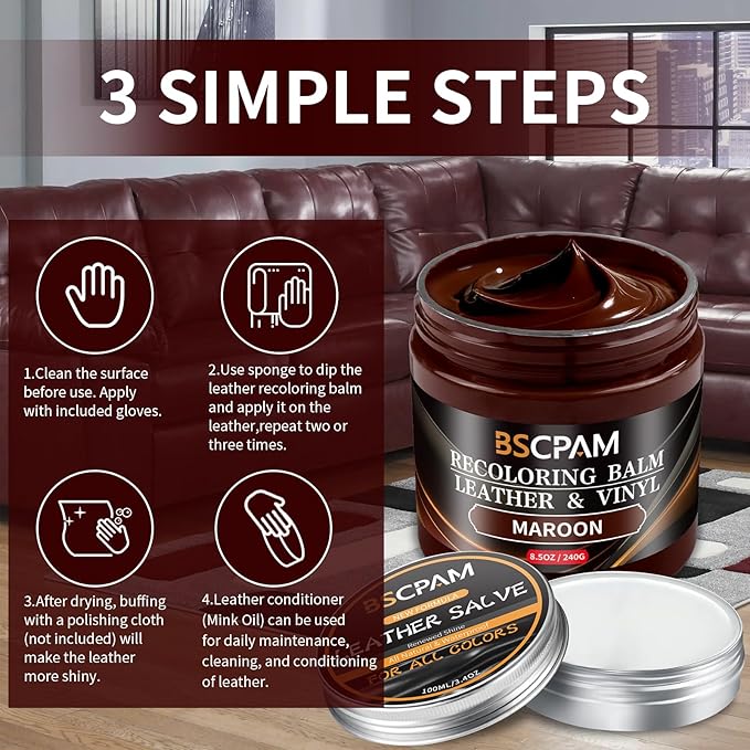 BSCPAM Maroon Leather Recoloring Balm with 100ml Mink Oil,Leather Couch Scratch Remover,Leather Repair kit for Vinyl Furniture and Car Interior,Leather Dye Paint,Mink Oil for Leather
