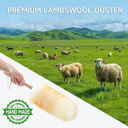 ONESIMUS 2 Pack Lambswool Dusters Fluffy Handheld Natural Feather Duster, 16.5 inch Washable Reusable Wool Dusters with Solid Wooden Handle for Cleaning Ceiling Fan, Interior, & Car etc