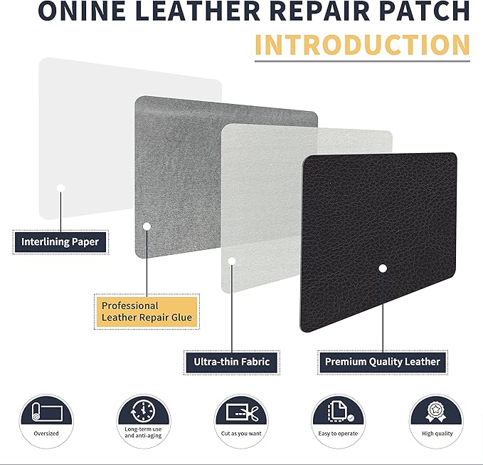 ONine Leather Repair Patch，Leather Repair Tape, 12 x 48 inches Leather Repair Patch for Furniture,Vinyl Repair Kit，Leather Couch Patch，for Sofas, Furniture, Car Seats, Office Chairs(Dark Grey Leather)