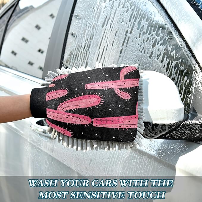 ALAZA Pink Cactus Cacti Car Wash Mitt Scratch Free, 2 Pack Absorbent Microfiber/Chenille Washing & Drying Mitts, L