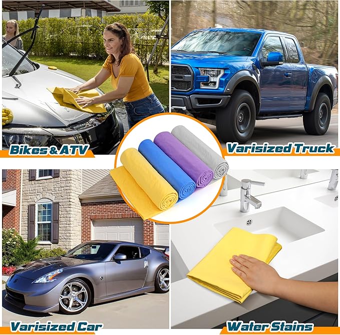 Premium Absorbent Car Drying Towel, 2 Pack 26''x17'' Super Soft Shammy Towel for Vehicle, Reusable Chamois Cloth for Car Drying, Dust Remove, Bathroom, Scratch/Spot/Streak Free, Yellow & Blue