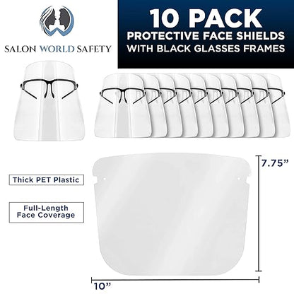 TCP Global Salon World Safety Face Shields with Black Glasses Frames (Pack of 10) - Ultra Clear Protective Full Face Shields to Protect Eyes, Nose, Mouth - Anti-Fog PET Plastic, Goggles