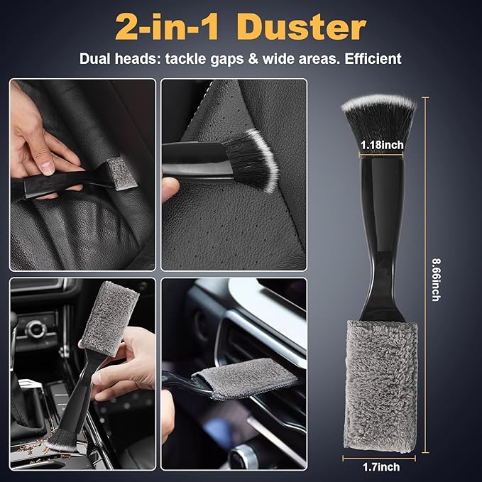Qocuzax 8-Piece Car Interior Detailing Kit - 160g Non-Sticky Gel (128% More Than 70g), Ultra-Soft Detail Brush, Boars Hair Brushes, Dual-Head Vent Brush, Towel & Bag | for Cars, Trucks, SUVs