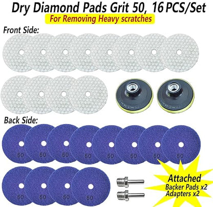 16 Packs Dry Diamond Polishing Pads Grit 50, 4 Inch Dry/Wet Granite Sanding Pad for Bufffing Marble Quartz Concrete Stone Tiles Used for Grinder Polisher Drill