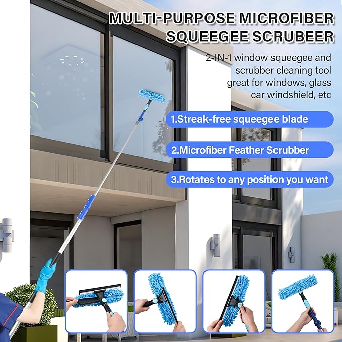 30 Foot High Reach Cleaning Kit with 6-24FT Telescoping Pole - High Ceiling Dusting and Window Cleaning Kit, Cobweb Duster, Window Washer & Squeegee, Fan Duster and Feather Duster