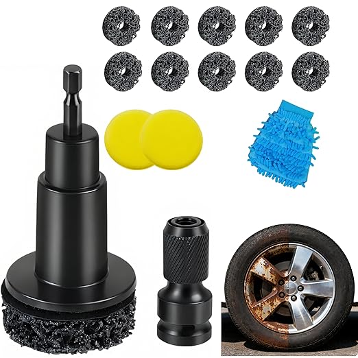 Wheel Hub Resurfacing Kit with 10 Grinding Pads, 1 Car Wash Mitt & 2 Polishing Sponges for Automotive Maintenance, Quick Rust Removal for Lug Studs and Rotors, Fits 1/2” Wrenches or Electric Drill