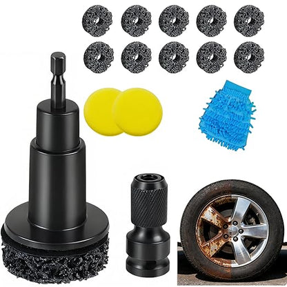 Wheel Hub Resurfacing Kit with 10 Grinding Pads, 1 Car Wash Mitt & 2 Polishing Sponges for Automotive Maintenance, Quick Rust Removal for Lug Studs and Rotors, Fits 1/2” Wrenches or Electric Drill