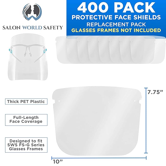 TCP Global Salon World Safety Replacement Face Shields Only (40 Packs of 10), Glasses Frames Not Included – Fits Most Brands, Ultra Clear, Full Face, Protect Eyes Nose Mouth, Anti-Fog PET Plastic