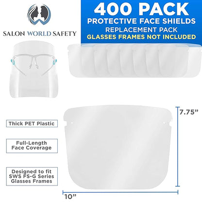 TCP Global Salon World Safety Replacement Face Shields Only (40 Packs of 10), Glasses Frames Not Included – Fits Most Brands, Ultra Clear, Full Face, Protect Eyes Nose Mouth, Anti-Fog PET Plastic