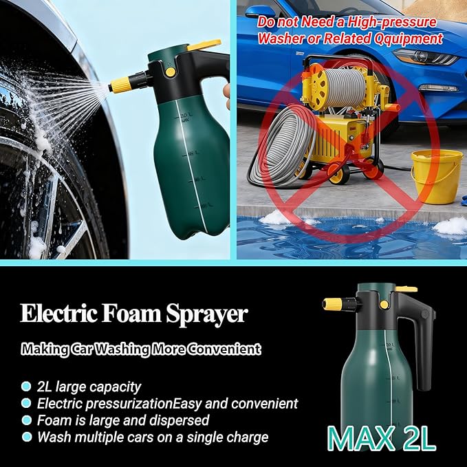 Electric Pressurized Foam Sprayer, 2L Cordless Pump Sprayer with One-Touch Lock, Portable Foam Sprayer for Car Wash, Auto Detailing, House & Pet Cleaning