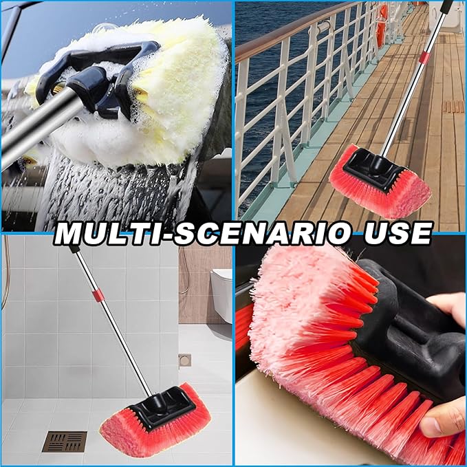 Car Wash Brush with Long Handle – Five-Sided Soft Bristle Brush for Car, Truck, SUV, RV, Boat & House Siding Cleaning(Red)