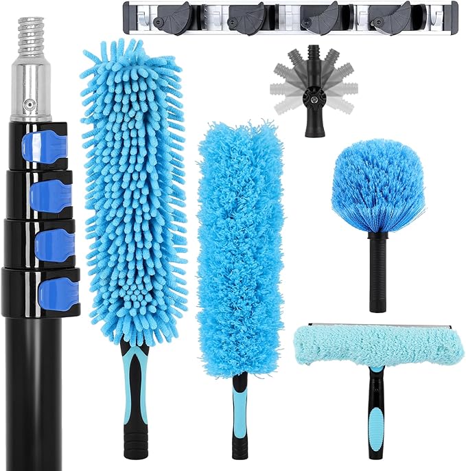FAHKNS 25 Foot High Ceiling Fan Duster, Heavy Duty High Reach Duster Kit for Cleaning, Spider Web Brush, Washable Dust Brush for High Roof and Glass Surfaces (with 5-18ft Extension Pole)
