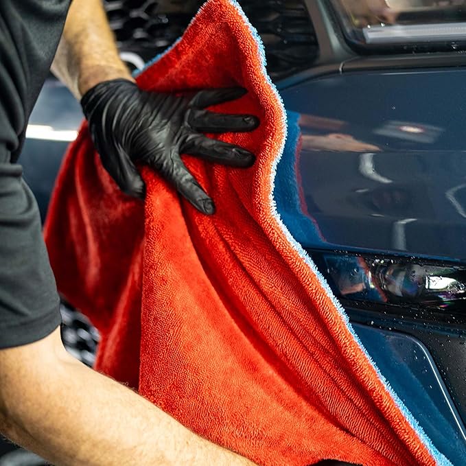 Autofiber Dreadnought Max Triple Layer Microfiber Car Drying Towel, Twist Pile, 1400GSM - 1 Pack, Blue/Red (20 inch x 40 inch)