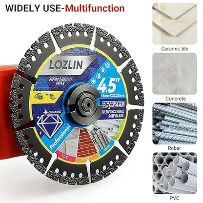 LOZLIN 10-Pack 4.5" Diamond Multi-Purpose Saw Blades - Heavy Duty Angle Grinder Discs for Cutting Marble/Quartz/Stone/Tile/Metal/Plastic (Black Teeth, 10)