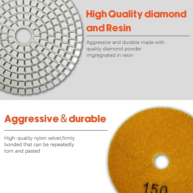 Konvixon Diamond Polishing Pads Set Wet/Dry Quartz Polishing Kit, Granite Stone Concrete Marble Tile Polish Pads for Grinder, 12Pcs 4 in 50#-8000# Grit Pads with Hook, Loop Backer and Drill Adapter