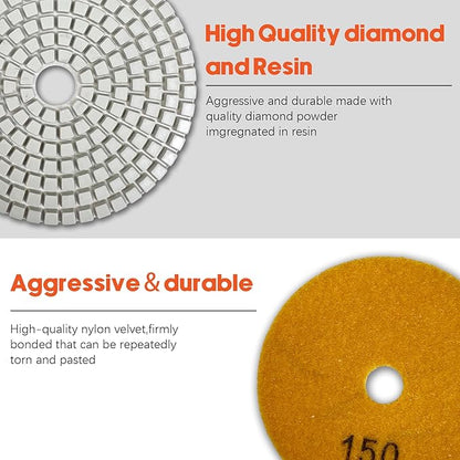 Konvixon Diamond Polishing Pads Set Wet/Dry Quartz Polishing Kit, Granite Stone Concrete Marble Tile Polish Pads for Grinder, 12Pcs 4 in 50#-8000# Grit Pads with Hook, Loop Backer and Drill Adapter