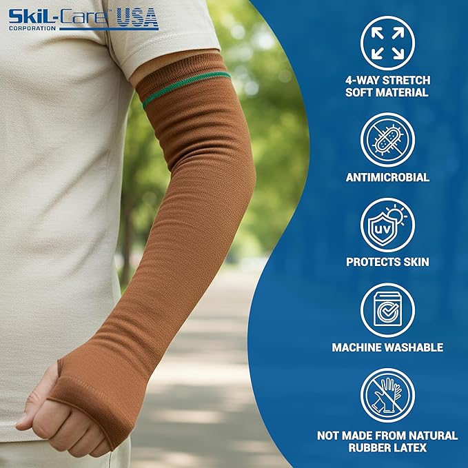 Skil-Care Geri-Sleeves Arm Protector, Brown Green Stripe, Cotton-Lycra Blend, Thumbhole Design, Reusable, Launderable