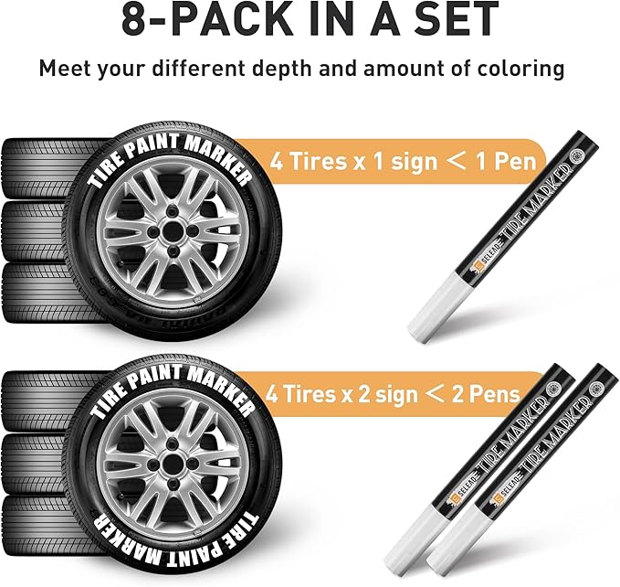 SELEAD Tire Marker White - 8 Pack Paint Pens for Car Tires Lettering, Premium Professional Oil-based Ink, Waterproof Non-Fading Permanent Markers