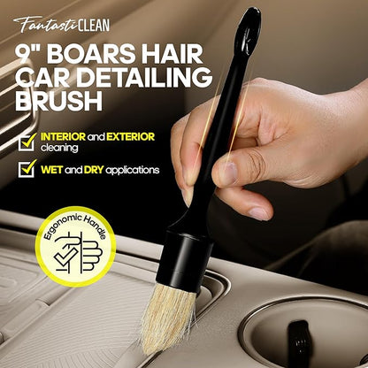 Fantasticlean 9PC Car Detailing Kit，Boars Hair Brush，Horse Hair Bristle，Suede-Coral Cloth，Car Dust Brush，Microfiber Towel & Applicator，Scratch-Free & Ultra-Soft for Leather, Seats & Interior Cleaning