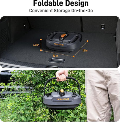 Teslong Portable Electric Pressure Washer with 12L Tank, Foldable Design, 4-in-1 Nozzle, Type-C Charging, 10L Water Storage Bag, Cordless Power Washer for Outdoor Camping, Gardening, and Pet Grooming