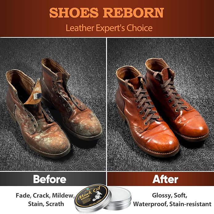 Feilove 4-in-1 Mink Oil Leather Conditioner and Cleaner 3.52 oz - Premium Waterproof Formula for Boots and Shoes