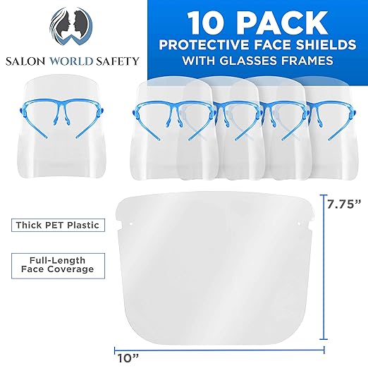 TCP Global Salon World Safety Face Shields with Blue Glasses Frames (Pack of 10) - Ultra Clear Protective Full Face Shields to Protect Eyes, Nose, Mouth - Anti-Fog PET Plastic, Goggles