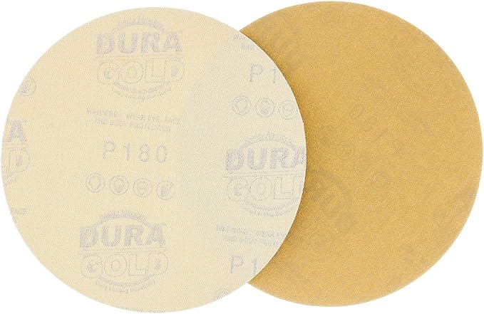 Dura-Gold Premium 180 Grit 6" Gold Sandpaper Discs, No Hole Pattern Dustless, Box of 50, Hook & Loop Backing for DA Sander, Finishing Coarse Sanding Abrasive Automotive Paint, Woodworking Wood, Metal