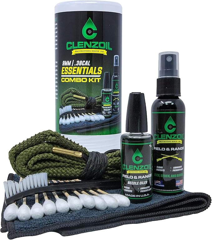 CLENZOIL Field & Range Pistol & Rifle Essentials Gun Cleaning Kit | CLP Spray & Oiler with Bore Cleaner | Clean, Lubricate & Protect | Nylon Brush, Bore Swabs & Microfiber