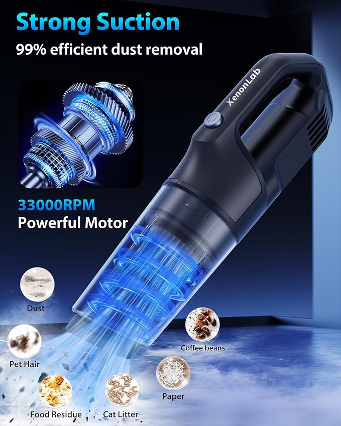 XenonLab Handheld Vacuum Cordless 1.1 Pounds Car Vac 10000PA Hand Held Vacuums 4-in-1 Hand Vac Cordless Rechargeable HEPA Filter Large Capacity Dust Cup for Car Office Home Pets Hair (Gray)