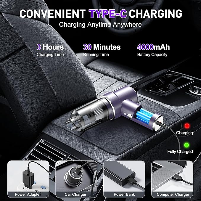 KMM Handheld Car Vacuum Cleaner, 11000PA Vacuum Cleaner & Air Duster, 120W High Power Vacuum Portable Cordless, Hand Held Vacuum Rechargeable with Multi-Nozzles & LED Light for Home, Car, Office