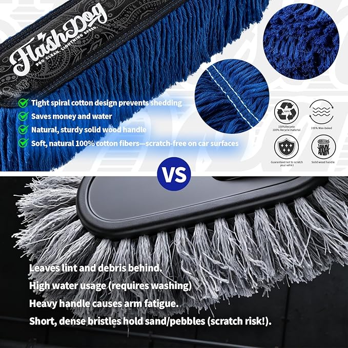 Flash Dog Wood Car Duster & Interior Brush Kit | Scratch-Free Waterless Exterior/Interior Cleaning for Car, SUV, Truck, RV | Waxed Cotton & Microfiber