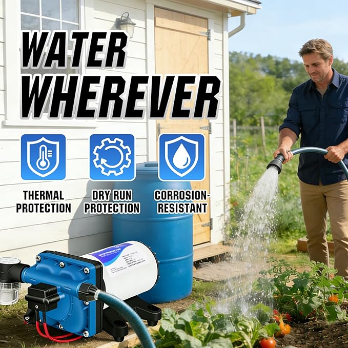 DC HOUSE 4-Chamber RV Water Pump 12V, 5.5GPM 70PSI High Pressure, Quiet Fresh Water Diaphragm Pump with On Demand Pressure Switch for Camper, Travel Trailer & Off-Grid Cabin
