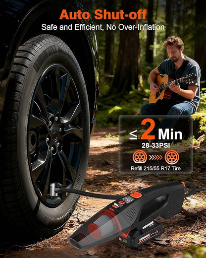 Viewmax 2-in-1 Car Vacuum and Tire Inflator - 20V Cordless Handheld Vacuum Cleaner & 150PSI Air Pump with Pressure Gauge, 18000Pa Suction, Portable Air Compressor for Tires Pump and Car Cleaning