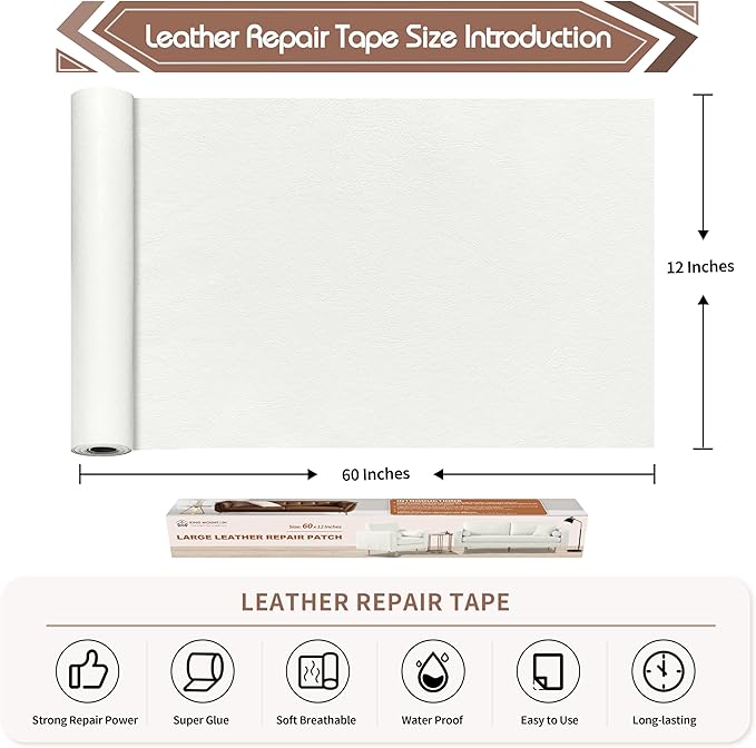 KING MOUNTAIN Leather Repair Patch,12 x 60 Inches self Adhesive Leather Repair Tape for Damaged Leather Furniture, Sofa Seating,Car Seats, Leather Goods（White）