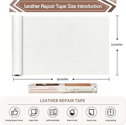 KING MOUNTAIN Leather Repair Patch,12 x 60 Inches self Adhesive Leather Repair Tape for Damaged Leather Furniture, Sofa Seating,Car Seats, Leather Goods（White）
