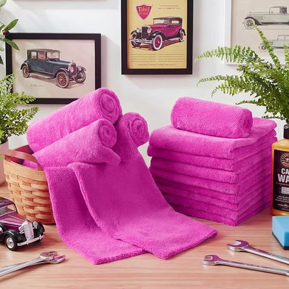 Shimeyao 30 Pcs 16 x 16 Inch Edgeless Microfiber Plush Towels for Cars Detailing Drying Wash Polishing Absorbent Cleaning Cloths, 500 GSM (16 x 16 Inch, Fuchsia, 30 Pcs)