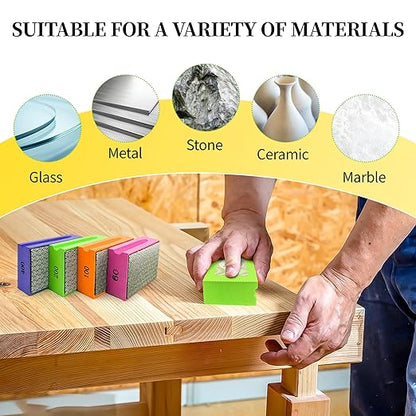 Diamond Hand Polishing Pads, 4PCS Diamond Sanding Pads with Foam Backing 60/100/200/400 Grit,Sanding Block for Glass Wood Ceramic Marble Metal Tile Tools(Wet&Dry