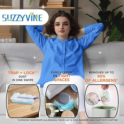 SUZZYVINE Disposable Duster Wish a Long Handle Plus a Short Handle, 15 Count Duster Refills,Blue and White