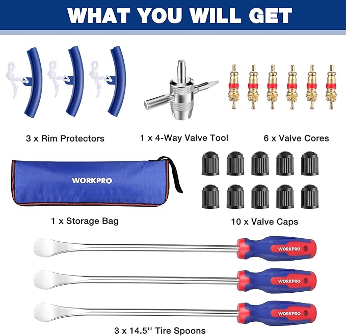 WORKPRO 14.5” Steel Tire Spoons Tool Set, 23-Piece Tire Iron Set with Storage Bag, Tire Removal Tools, Tire Changing Tools, Tire Repair Tools, Tire Levers for Motorcycle, Bicycle, Car and Lawn Mower