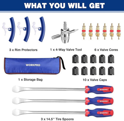 WORKPRO 14.5” Steel Tire Spoons Tool Set, 23-Piece Tire Iron Set with Storage Bag, Tire Removal Tools, Tire Changing Tools, Tire Repair Tools, Tire Levers for Motorcycle, Bicycle, Car and Lawn Mower