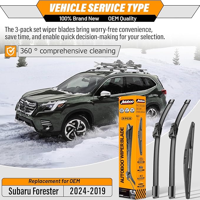 AUTOBOO 26"+17" Windshield Wipers with 14" Rear Wiper Blade Replacement for Subaru Forester 2019 2020 2021 2022 2023 2024 -Original Factory Quality (Pack of 3)