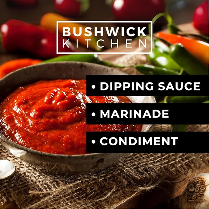 Bushwick Kitchen Sriracha Sampler Gift Box, Set Includes Gochujang Sriracha, Super Spicy Gochujang Sriracha, Curry Sriracha Hot Sauce, 5 Recipes, Chile Pepper Dish Towel, and Bushwick Kitchen Gift Box