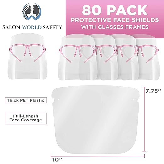 TCP Global Salon World Safety Face Shields with Pink Glasses Frames (Case of 80) - Ultra Clear Protective Full Face Shields to Protect Eyes, Nose, Mouth - Anti-Fog PET Plastic, Goggles