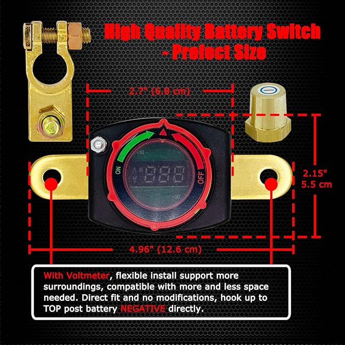Ampper Battery Disconnect Switch with Voltmeter, 12-48V Battery Cut Off ON/Off Shut Off Switch W/Negative Terminal for Car, RV and More (Top Post Negative)